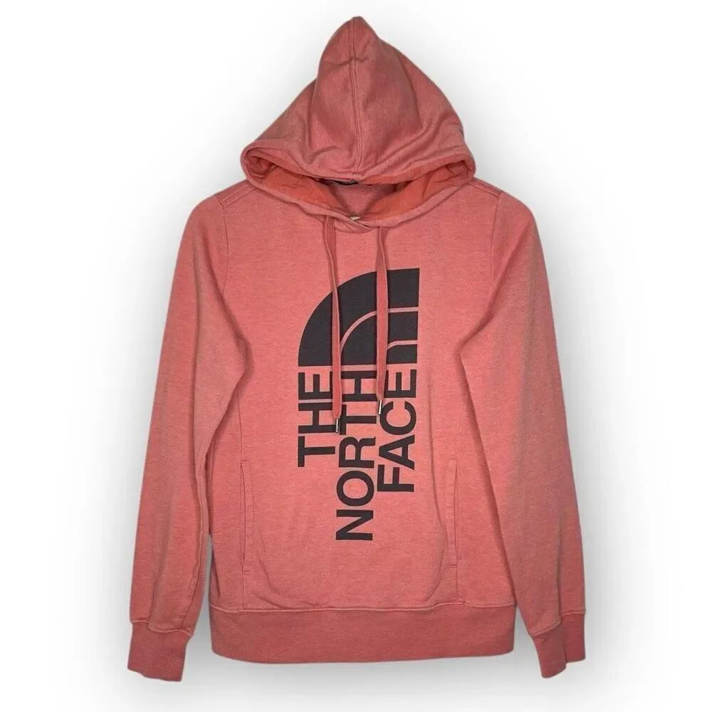 The North Face Coral Pink Large Spellout Pullover Hoodie Sweatshirt Women Small